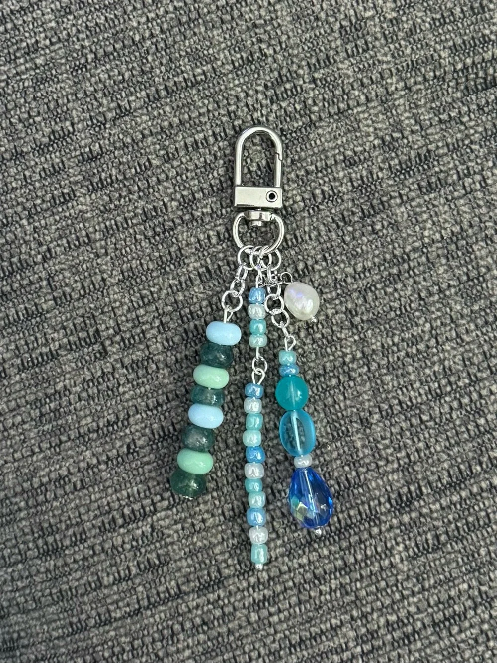 Blue Beaded Bag Charm Keychain with Real Pearl Accent and Silver Tones